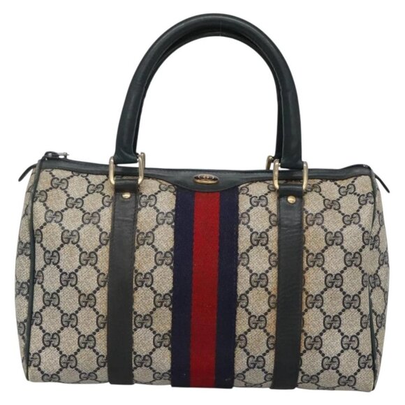 GUCCI GG Supreme Sherry Line Hand Bag PVC Navy Gold Red Auth 134690 - Picture 10 of 16
